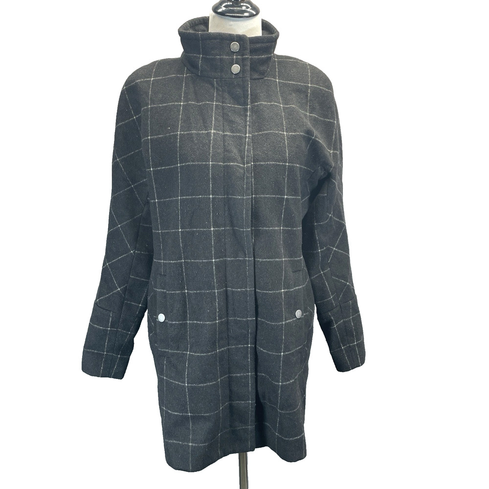 Lucky Brand Women Med Windownpane High Collar‎ Wool Coat Hidden Placket Charcoal